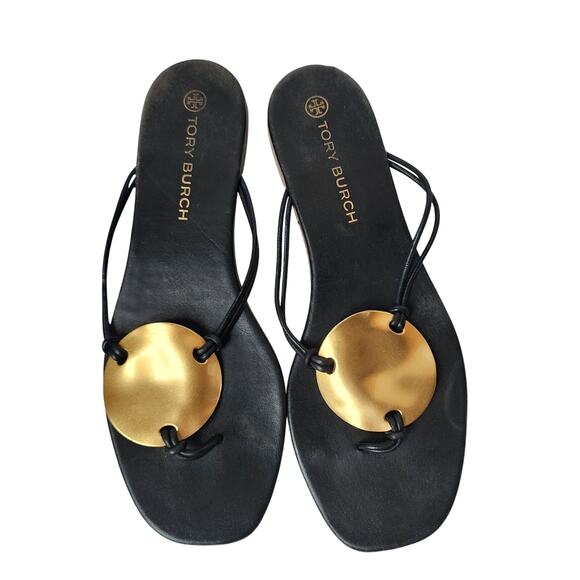 Tory Burch Patos Disc Black Leather Thong Sandals Womens Size 9M Flip Flops - Picture 1 of 9